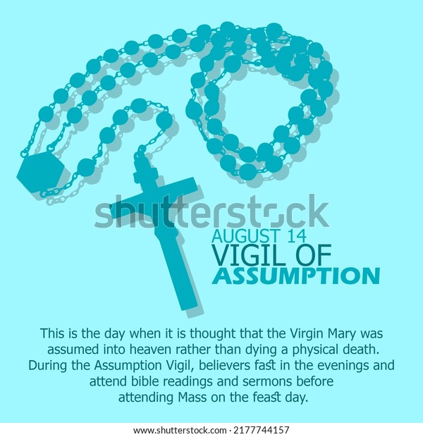 Illustration of a cross necklace with bold text and\
sentences on light blue background to commemorate Vigil of\
Assumption Day August\
14