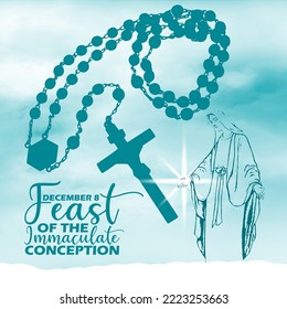 Illustration of a cross necklace with line art of the Virgin Mary above the clouds with bold text on a cloudy blue background to commemorate Feast of the Immaculate Conception on December 8