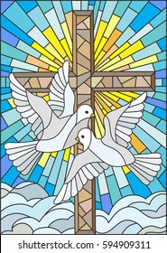 Illustration with a cross and a pair of white doves in the stained glass style
