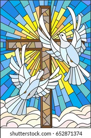 Illustration with a cross and a pair of white doves in the stained glass style