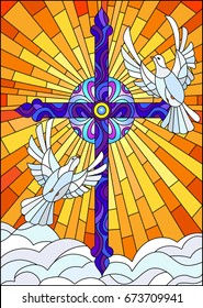 Illustration with a cross and a pair of white doves in the stained glass style