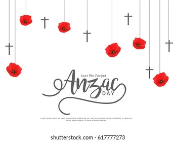 illustration Of Cross With Poppy Flower For Anzac Day Background.