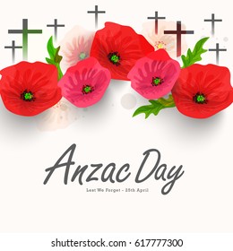 illustration Of Cross With Poppy Flower For Anzac Day Background.