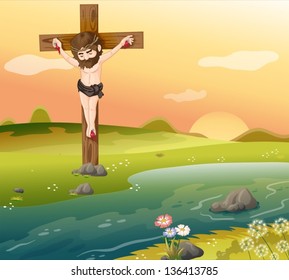 Illustration of a cross at the riverside