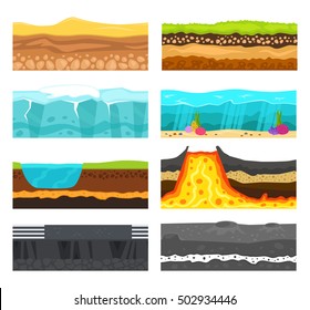 Illustration of cross section of ground with grass isolated on white. Volcano, water ocean or sea, green grass with ground and stones slices