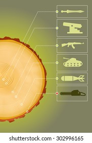 Illustration of cross section tree log on green and gray background
