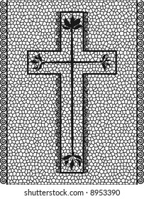 Illustration of cross with stained glass frame.
