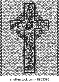 Illustration of cross with stained glass frame.