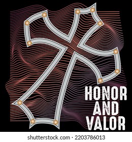 Illustration cross with text Honor and valor, gradient background, fashion style.