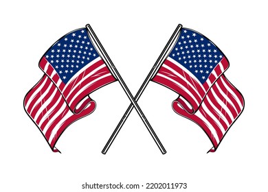 Illustration of crossed american flags. Design element for poster, card, banner, sign, logo. Vector illustration