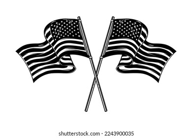 Illustration of crossed american flags. Design element for poster, card, banner, sign, logo. Vector illustration