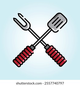 Illustration of crossed barbecue spatula and fork. Grilling tools, summer cooking concept.