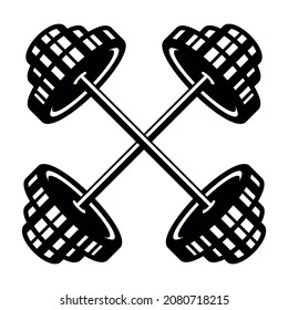 Illustration of crossed barbells in vintage monochrome style. Design element for logo, label, sign, emblem, poster. Vector illustration