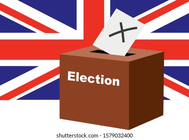 Illustration of crossed envelope put in a ballot box with the text Election in foreground and a big United Kingdom flag in background. England vote and Brexit concept.