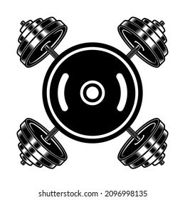 Illustration Of Crossed Gym Barbells In Vintage Monochrome Style. Design Element For Logo, Label, Sign, Emblem, Poster. Vector Illustration