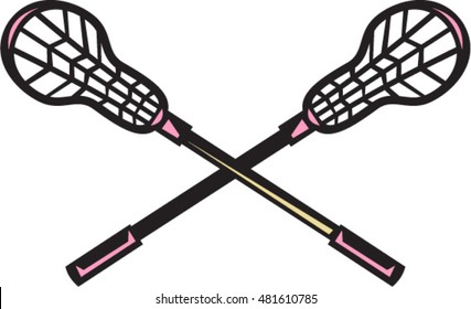 Illustration of a crossed lacrosse stick set on isolated white background done in retro woodcut style. 