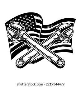 Illustration of crossed pipe wrenches on us flag background. Design element for poster, card, banner, sign. Vector illustration