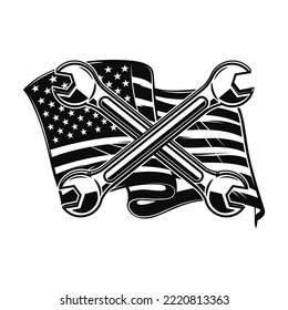 Illustration of crossed pipe wrenches on us flag background. Design element for poster, card, banner, sign. Vector illustration