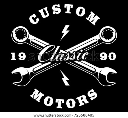 Illustration of crossed silver wrenches. Text is on the separate layer. VERSION ON DARK BACKGROUND