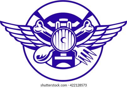 Illustration of a crossed spoon and fork with bone handle and wings with headlamp headlight in front set inside circle done in retro style. 