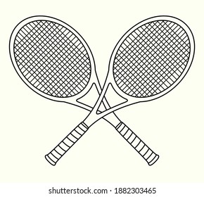 Illustration of crossed tennis rackets. Logotype for sports club or team logo. Lineart illustration with handles crossed. Tournament icon showing equipment. Line art drawing for coloring book or page.