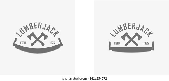 Illustration crossed text axes and saw. Logging company logo