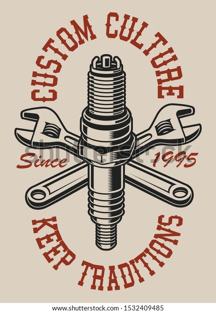 Illustration with crossed\
wrenches and spark plug on the light background. Text is on the\
separate layer.