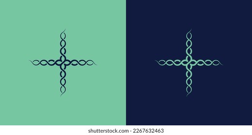 Illustration of a cross-health chain abstract logo design Concept of a simple minimalist data pattern. Vector line icons for health hospital, doctor, patient, nurse, etc. 
