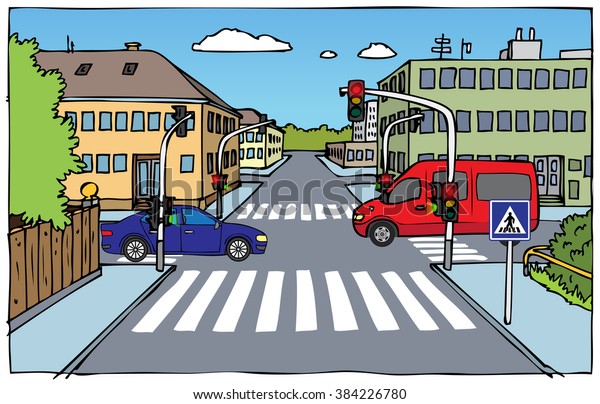 Illustration of\
crossroads with traffic\
lights