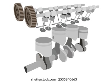 Ilustração de uma seção transversal de um motor de quatro cilindros. Ele inclui os pistões, bielas, virabrequim, cambota e válvulas. . Ilustração plana de vetor