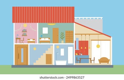 Illustration of a cross-section of a house with an open ceiling, a detached house, and a house with two floors and a car on a blue sky background