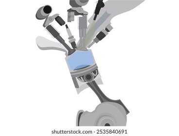 Ilustração de uma seção transversal de um motor de cilindro único. Ele inclui o pistão, biela, virabrequim, camshaft, válvulas e vela de ignição. Ilustração plana de vetor
