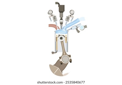 Ilustração de uma seção transversal de um motor de cilindro único com um ciclo de dois tempos. Ilustração plana de vetor