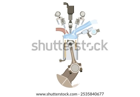 Illustration of  a cross-section of a single-cylinder engine with a two-stroke cycle. Vector Flat Illustration