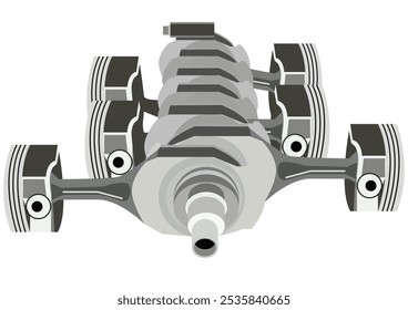 Ilustração de uma seção transversal de um motor de seis cilindros. Inclui os pistões, as hastes de ligação e o virabrequim. Ilustração plana de vetor