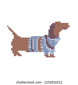 Illustration of a cross-stitch dachshund in a Christmas winter costume
