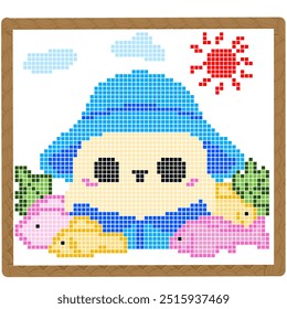 Illustration of a cross-stitch pattern of a cute kitten wearing a hat and his fish friends.