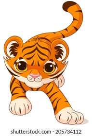 Illustration of crouching cute baby tiger