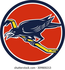Illustration of a crow bird perched on a crowbar viewed from the side set inside circle on isolated background done in retro style. 
