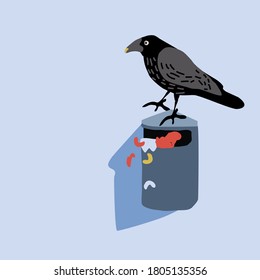 illustration with crow and rubbish heap, vector design for paper, fabric.