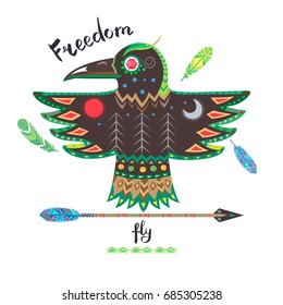 Illustration with a crow, with a wings open. In boho style. Traditional patterns and ornaments in the doodle style