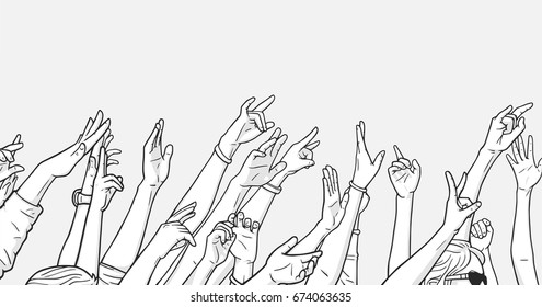 Illustration of crowd cheering with raised hands at music festival