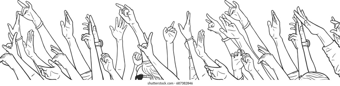 Illustration of crowd cheering with raised hands at music festival