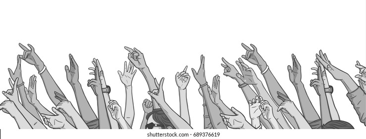 Illustration of crowd cheering with raised hands at music festival in grey scale