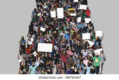 Illustration of crowd marching and demonstrating with blank signs and banners from high angle view in color