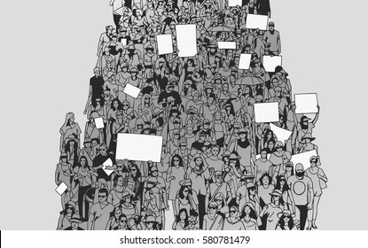 Illustration of crowd marching and demonstrating with blank signs and banners from high angle view in grey scale