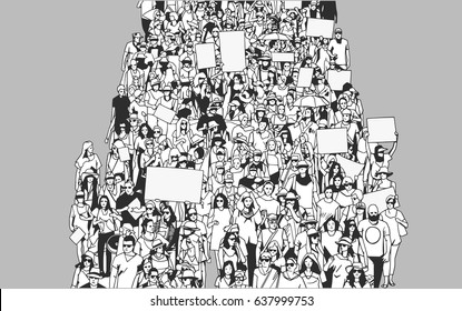 Illustration of crowd marching and demonstrating with blank signs and banners from high angle view