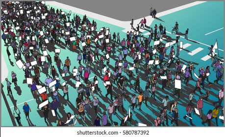 Illustration of crowd marching and demonstrating for human rights with blank signs and banners in color and high angle view