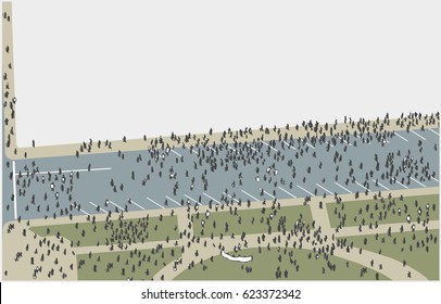 Illustration of crowd marching and protesting from high angle view in color