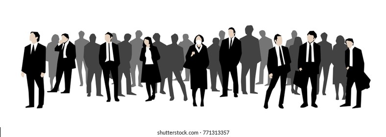 Illustration of crowd of office workers,  businessman and women in black, white and grey scale